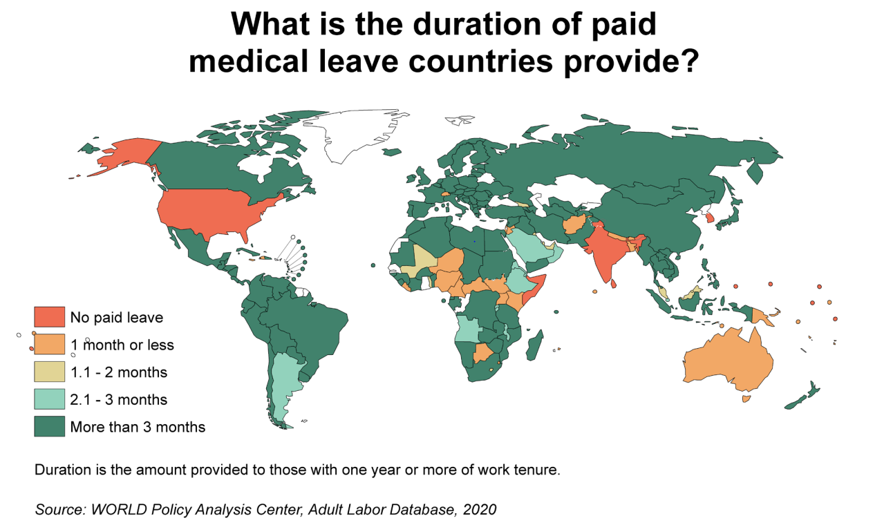 Map answering the question: what is the duration of paid medical leave countries provide?