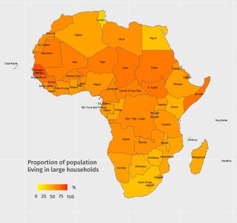 Heat map of the African continent - Proportion of population living in large households