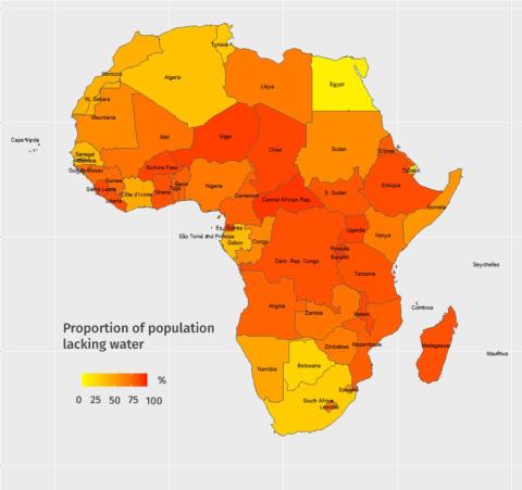 Heat map of the African continent - Proportion of population lacking water